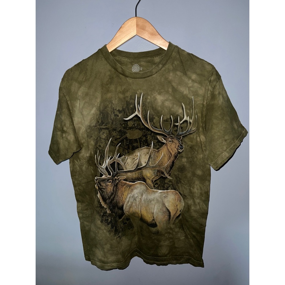 The Mountain Elk Wildlife Graphic Tie Dye T-Shirt Olive Green Mens Medium